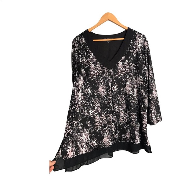 Carole Hochman | Plus Size Floral Blouse w/ Black Sheer trimming layer - Picture 1 of 7